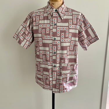Florida Sunwear inc Miami 1940s-50s cotton cross arch print cabana shirt. Size M/L 