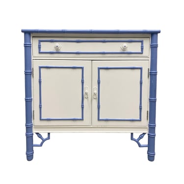 Thomasville Allegro Nightstand 30" Tall Painted White & Blue - Vintage Faux Bamboo Bachelors Chest Oversized End Table or Cabinet 
