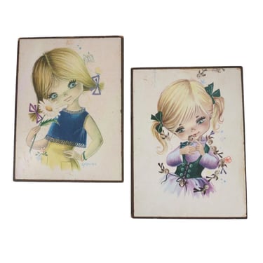 Vintage Big Eye Art Set - 60s Wall Hanging - Whimsical Mod Girl Picture - MCM Litho Prints Artwork - Fallarda 