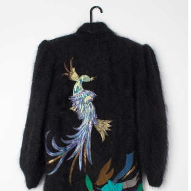 80s fluffy mohair cardigan with peacock by Jeffrey Brownleader - Small / Medium 