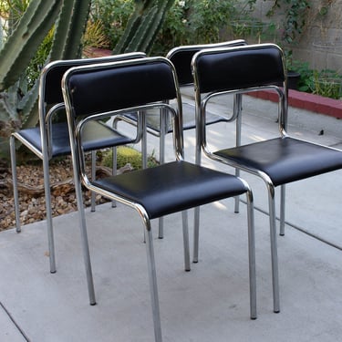 Set of 4 Vintage Tubular Chairs, Bauhaus Black Tubular Dining Chair, Chrome Mid Century Modern, Space Age, Chrome Stacking Chairs 