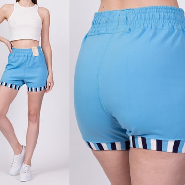 70s Blue Striped Athletic Shorts - Men's XS, Women's Small | High Waisted Wrestling Gym Shorts 