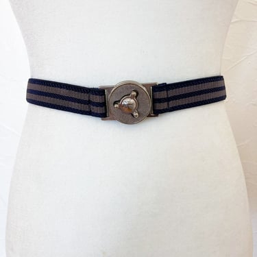 70s Nautical Stretch Belt Navy Blue and Gray Stripes with Silver Toned Interlocking Buckle/ 28