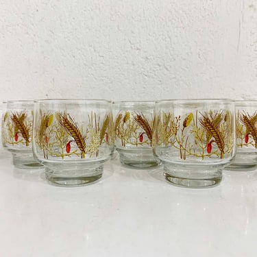 Vintage Wheat Glasses Stacking Autumn Fall Harvest Yellow Orange Set of 5 Small Juice Glass Pedestal Wine Glass 1960s 