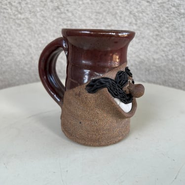Vintage stoneware studio art pottery brown mug mustache man face brown glaze 