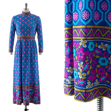Vintage 1970s Maxi Dress | 70s Floral Border Print Geometric Nylon Jersey Long Sleeve Psychedelic Blue Purple Full Length Dress (medium) 