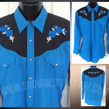 Ely Diamond Vintage Western Retro Men's Shirt, Cowboy & Rodeo, Turquoise Blue with Floral Embroidered Designs, Medium (see meas. photo) 