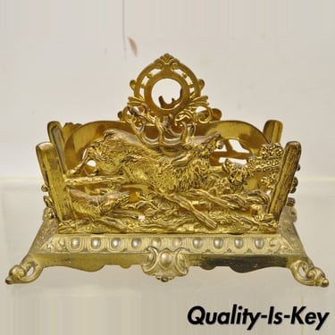 Bradley &amp; Hubbard Louis XV Style Gold Gilt Bronze Hunt Scene Desk Letter Holder