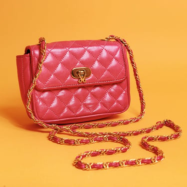 80s Bright Fuchsia Pink Quilted Small Purse Vintage Gold Braided Chain Strap Clutch 