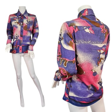 Novelty Print 1970's Poly Blend Purple Psychedelic Disco Shirt (Mens) I Sz Sm I Jeff Gaynor for Marrakech I Made in Spain 