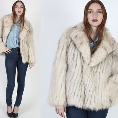 80s SAGA Arctic Blue Fox Coat Natural Fur Shawl Collar Corded Jacket Sz S M 