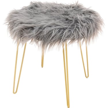 Modern Gray Faux Fur &amp; Gold-Toned Stool