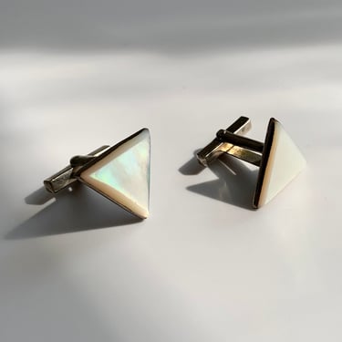 Vintage Cuff Link Set - Mother of Pearl Triangle Cuffs - Set in Silver - Beautifully Detailed 