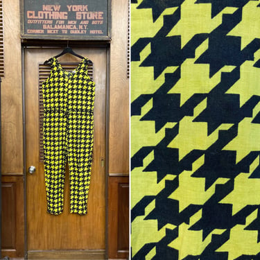 Vintage 1980’s Cotton Black & Yellow New Wave Houndstooth Romper Oversize Jumpsuit, Vintage 1980’s, Houndstooth, Jumpsuit, Romper, New Wave 