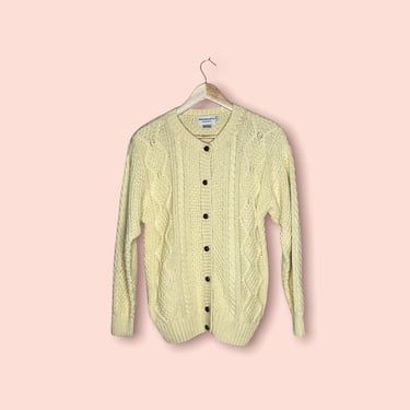 Vintage Abercombie Fitch Pale Yellow Cotton Hand Knit Cardigan Sweater, Size Large 