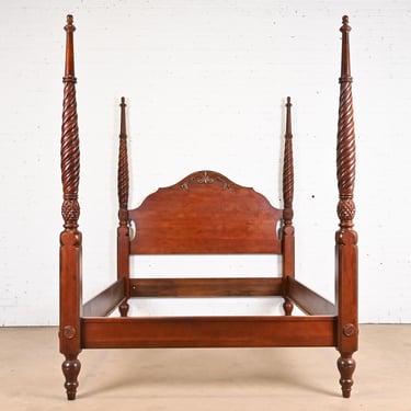Ethan Allen Georgian Carved Cherry Wood Queen Size Poster Bed
