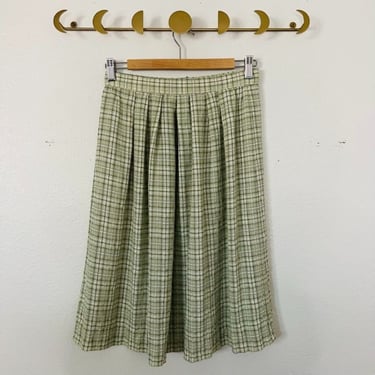 Jessica Howard Vintage 80s's Green & White Plaid Pleated Midi Full Skirt 