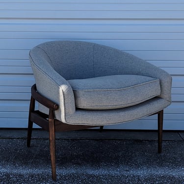 Mid Century Modern Low Walnut Frame Barrel Lounge Chair 