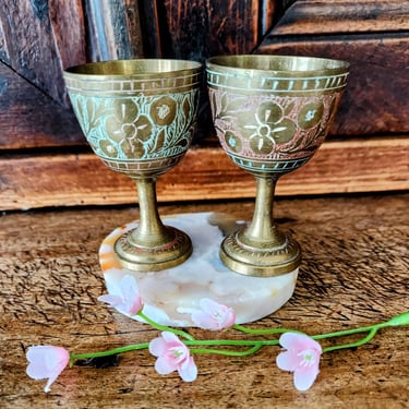 2 Small Etched Brass Cups INDIA~Vintage Footed Cordials, Shot Glasses~Floral Etching 