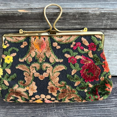 1950's tapestry purse red orange and green floral carpet bag / handbag 