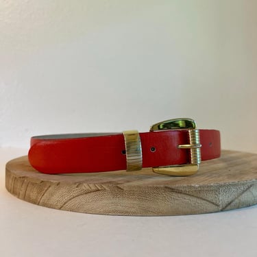Vintage 90s Red Genuine Leather Ritz Uruguay Made Gold Buckle Belt Size Small 