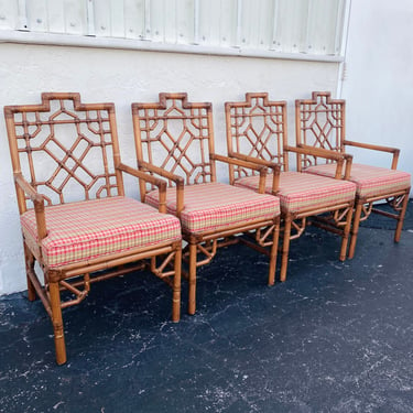 Set of 4 Fretwork Rattan Dining Arm Chairs with Upholstered Seats - Chinoiserie Hollywood Regency Chinese Chippendale Furniture 