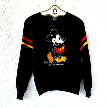 Vintage 80s Mickey Mouse Sweatshirt 1980s Disney Sweatshirt Black Arm Stripes Fuzzy Mickey 