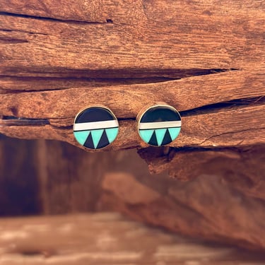 ZUNI CIRCLE INLAY Mother of Pearl, Turquoise, Jet, Stud Earrings | Sterling Silver | Navajo, Native American | Southwestern Jewelry 