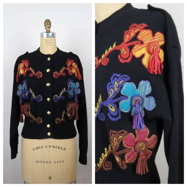 Vintage 1980s cardigan sweater floral novelty leather details tassels metallic statement 