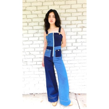 Alice McCall Patchwork Overalls // vintage stretch quincy denim boho hippie jeans bell bottom bottoms pants jumpsuit // XS S 