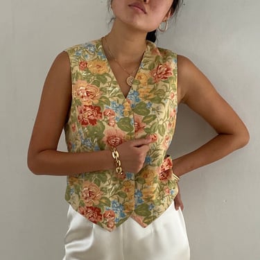 90s linen vest / vintage natural floral cottage rose cotton linen button front vest waistcoat sleeveless blouse | Medium 