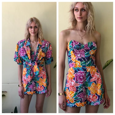 Nineties Romper / Floral Easy Cotton Jumpsuit / Festival Wear / Sleeveless Romper/ Liz Claiborne / Oversized Tshirt Set / Shorts Jumpsuit 