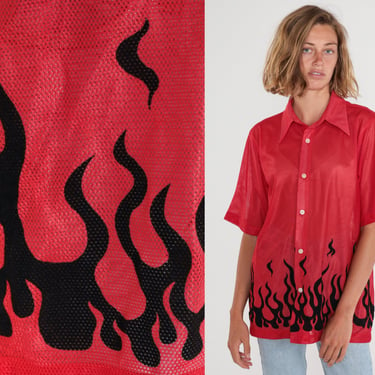 Red Mesh Shirt 90s Hot Rod Flames Button up Sheer Fire Print Retro Short Sleeve Collared Rocker Vintage 1990s Counter Culture Mens Medium 