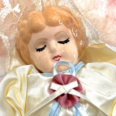 VINTAGE: Porcelain Angel Doll Ornament - Fabric Angel Bust - Christmas Angel - SKU 00008459 