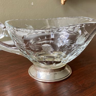 Fine Cut Glass Gravy Boat With Sterling Silver Base 