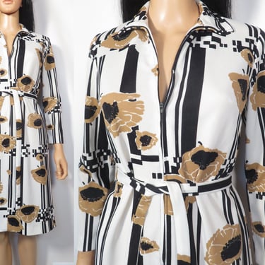 Vintage 60s/70s Mod Op Art Poppy Print Front Zip Dress Size XS/S 