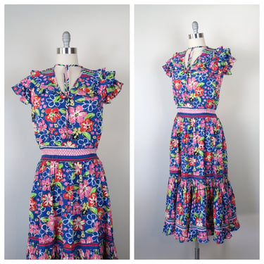 Vintage 1980s Diane Freis dress floral cotton ruffles tiered skirt seersucker spring summer 