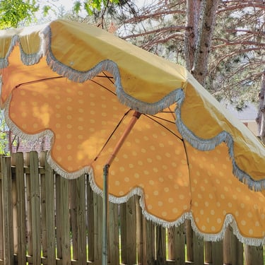 Groovy Yellow and White Polka Dot Fringe Patio Umbrella 
