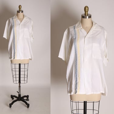 1950s Mens White Blue and Yellow Stripe Button Up Short Sleeve Shirt by Golden Creation -L 