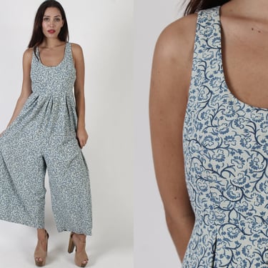 90s Grunge Oversized Jumpsuit / Wide Leg Blue Palazzo Pants / Gypsy Style Tiny Floral Playsuit / Racer Open Back One Piece 