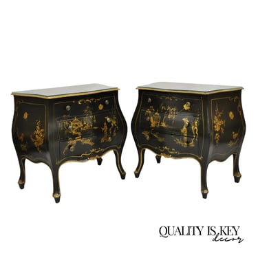 Vintage Chinoiserie Style Hand Painted Black Lacquer Bombe Nightstands - a Pair