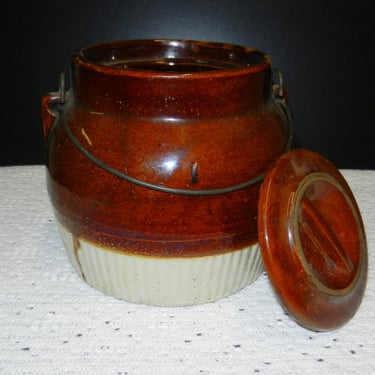 Sale~ Antique Stoneware Bean Crock~ baked bean pot~ Covered Bowl with Bail Handle~ Brown Pottery Storage Jar early 1900s Farmhouse Kitchen 