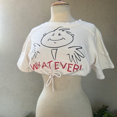 Vintage 80s new wave crop top cream “Whatever” statement OS by Shar Muta Fashions 