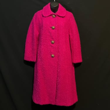 1950s hot pink boucle coat jewel button silky lining large / XL 