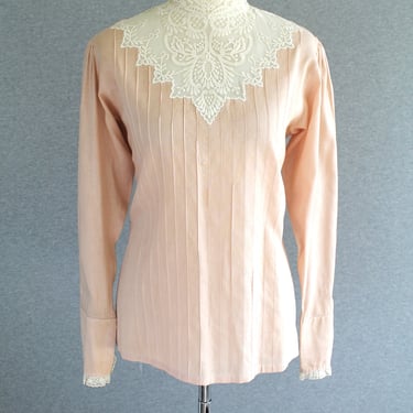 1980-90s  - Victorian Style - Blouse - Peach/Ecru - by JG Hook - Cotton/Linen blend - Marked size 12 