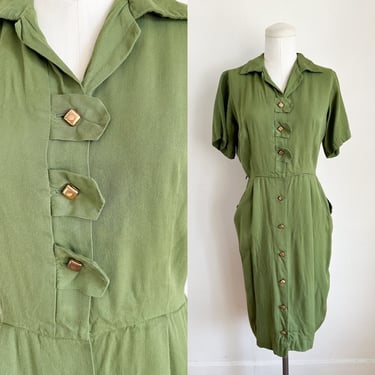 Vintage 1960s Avocado Green Day Dress / M 