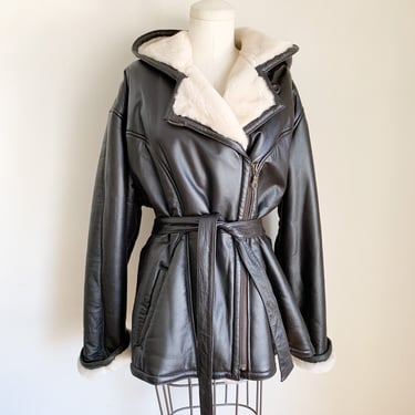 Vintage 1990s Dark Brown Leather & Faux Fur Coat / M-L 