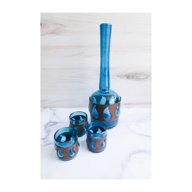 Blue Decanter and Glass Set Brutalist Caged Decanter, Brutalist Glass Decanter, Vintage Cocktail Barware, Bar Cart Decor 