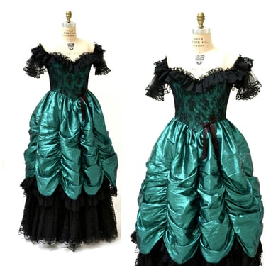 Vintage 80s Prom Dress XXS XS Metallic Green Black// 80s Metallic Party Dress Green Black Lace Southern Bell Pageant 80s Ball Gown Loralie 