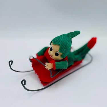 Vintage Rare Adorable Elf or boy Riding A Sleigh- Wonderful vintage condition Christmas Ornament 